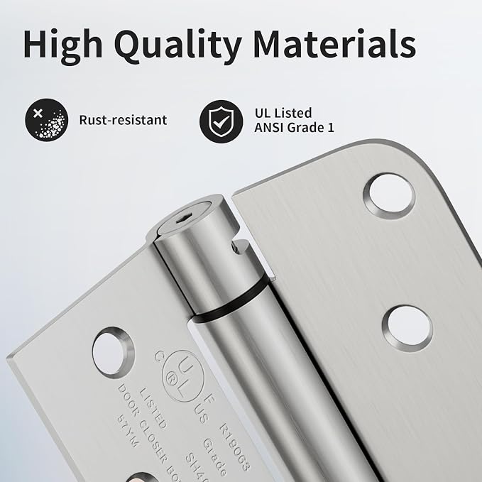 3 Pack Self Closing Door Hinges, 4 Inch Spring Loaded Door Hinges with Square & 5/8'' Radius Corners, Adjustable Tension for Garage, Front, Back Door, UL Listed, Left and Right Hand