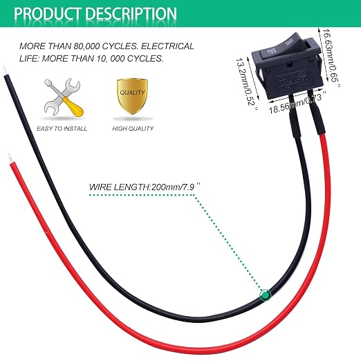 Twidec/5Pcs Rocker Switch AC 6A/250V 10A/125V SPST 2 Pins 2 Position ON/Off Car Boat Square Black Rocker Switch Toggle with Pre-soldered Wires KCD1-1-101-ON-OFF-X