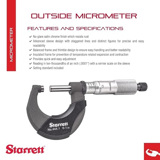 Starrett Outside Micrometer with Advanced Sleeve Design, Satin Chrome Finish and Insulated Frame - Quick and Easy Adjustment, 0-1" Range, .0001" Graduations - T444.1XRL-1