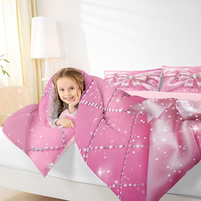 Feelyou Pink Bowknot Comforter Set All Season Ribbon Glitter Bow Bedding Set with 2 Pillow Cases Dreamy Princess Microfiber Kids King Bedclothes Bedroom Decor Duvet Quilt Breathable Soft Lightweight