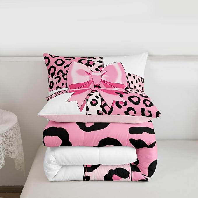 Feelyou Leopard Print Comforter Set Full Size Leopard Bow Bedding Set for Kids Boys Girls Animal Fur Duvet Quilt Bedroom Decor Microfiber 3 Pcs with 2 Pillow Cases