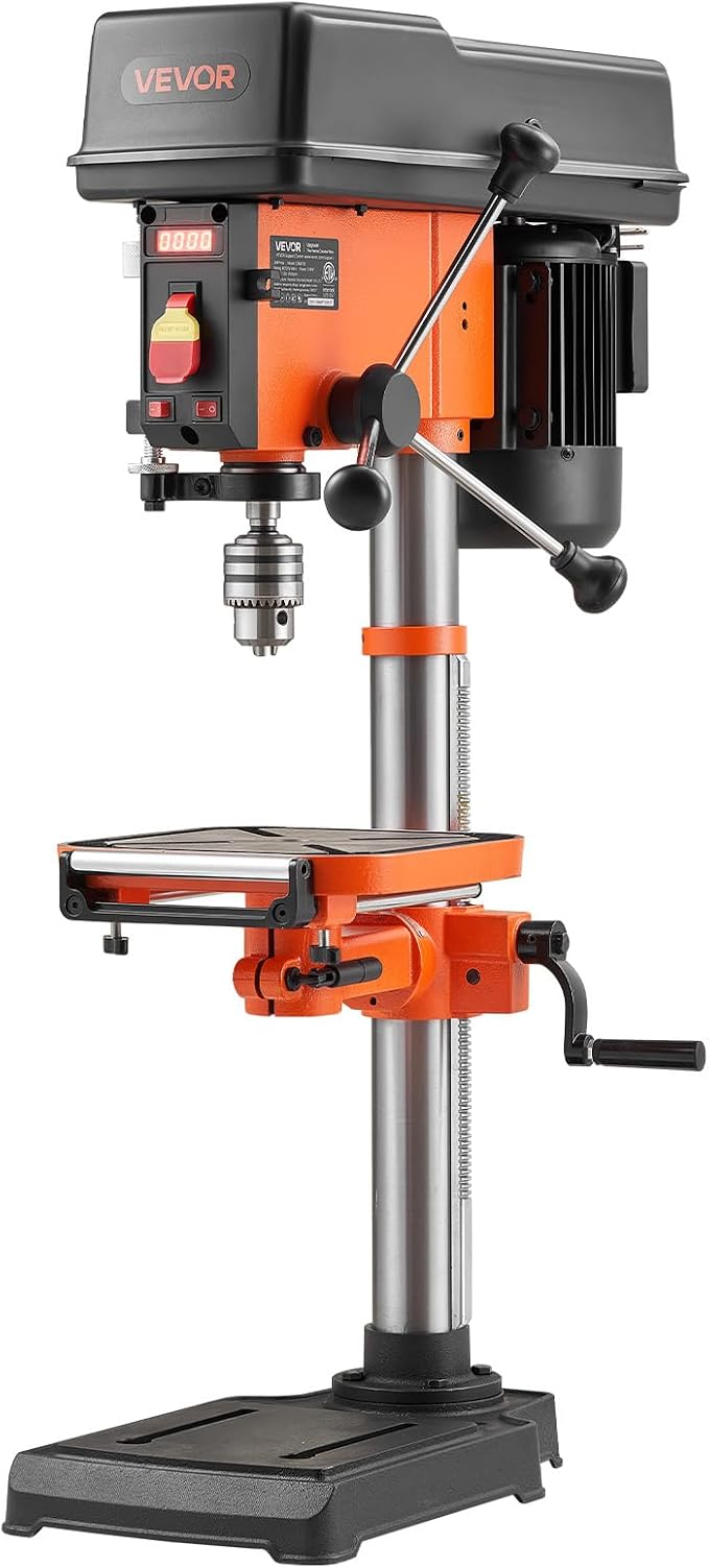 VEVOR 12-Inch Benchtop Drill Press, 6.2 Amp, 1 HP Bench Drill Press, 530 to 3140 RPM Variable Speed, 0-45° Tilting Worktable, with Laser and LED Work Light, Tabletop Drilling Machine, for Wood Metal