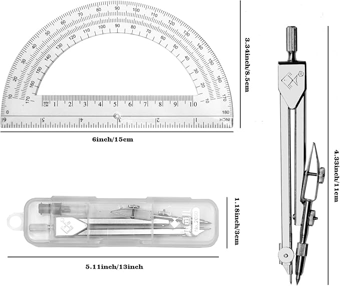 Students Geometry Math Set, Drawing Compass and 6 Inch Transparent Swing arm Protractor 180 Degree Math Protractor (Transparent)