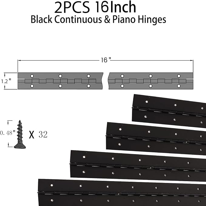 2Pcs 16inch Black Heavy Duty Continuous&Piano Hinges,1.2" Open Width Stainless Steel Piano Hinge with Holes and Screws,Working for Wood Box,Wood Furniture,Piano Cabinets