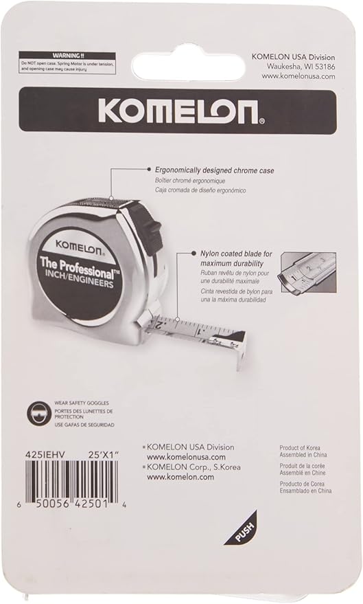 Komelon 425IEHV High-Visibility Professional Tape Measure Bother Inch and Engineer Scale Printed 25-Feet by 1-Inch, Chrome