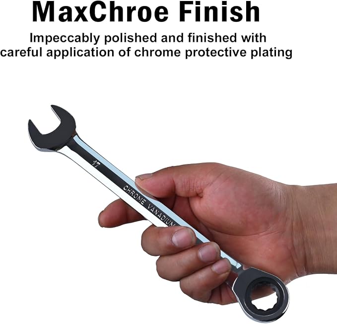 Egofine 17mm Ratcheting Combination Wrench Metric, Industrial Grade Gear Spanner with 12-Point Design, 72-Tooth Ratchet, Chrome Vanadium Steel
