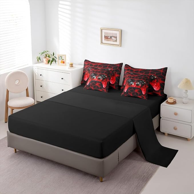 Gaming Consoles Comforter Set 7 Piece Bed in a Bag Twin,Neon Geometric Boys Bedding Set,3D Geometric Gamer Comforter and Sheet Set Red Flame Bed Set,Gamer Decor for Boys Bedroom Gamer Gifts