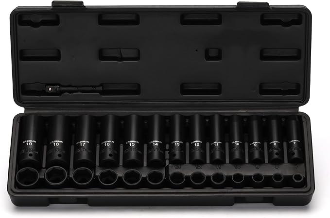 CASOMAN 27 Pieces 3/8-Inch Drive Impact Socket Set, Deep & Shallow, Metric (7mm - 19mm), 6 Point, CR-V Steel