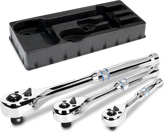 DURATECH 3-Piece Drive Ratchet, 90-Tooth Quick-Release Ratchet Wrench | 1/4", 3/8", 1/2" Socket Wrench for Men Women, Reversible, Cr-V Made, 4° Swing, Full Polished-with Plastic Insert Storage Box