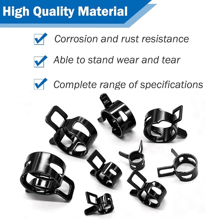 Tnisesm 80Pcs Spring Band Hose Clamps Assortment kits Silicone Vacuum Hose Pipe Clamp 7mm 9mm 10mm 11mm 14mm 15mm 16mm 18mm Low Pressure Air Clip Clamp(Black)