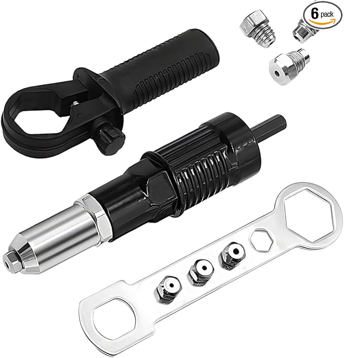 Car Pop Rivet Gun Adapter Kit, Electric Riveter Gun Power Drill Attachment with 4 Riveting Heads, Cordless Auto Riveting Handle Tool Drill Adaptor, Universal for Vehicles