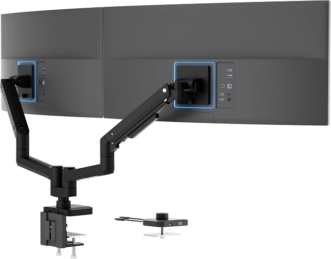 Mount-It! Proflex Series Heavy-Duty Dual Monitor Arm for 17–35” Screens, Gas Spring, Full Motion, USB-C & USB 3.0 Ports, VESA 75/100, Fits Ultrawide & Curved Displays, Clamp or Grommet Base