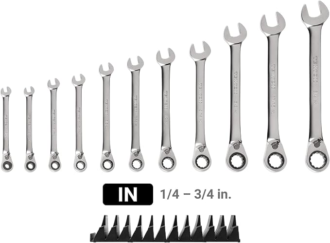 TEKTON Reversible Ratcheting Combination Wrench Set, 11-Piece | WRC94300 | (1/4 - 3/4 in.), 12-Point, Satin Chrome Finish, Modular Organizer