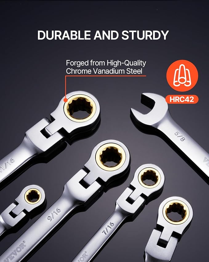 VEVOR Flex-Head Ratcheting Wrench Set, Nickel Plating, 8-piece Flexible Ratcheting Combination Wrench Set with Roll-up Pouch, CR-V, 72 Teeth, SAE 5/16-3/4"