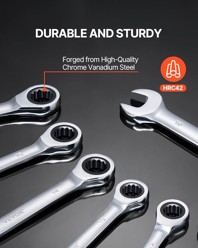 VEVOR Combination Wrench Set, 8-Piece Ratcheting Wrench Set with Organizer Rack, Cr-V Steel, Metric 8 mm to 19 mm, Ideal for General Household, Garage, Workshop, Auto Repairs, Emergency