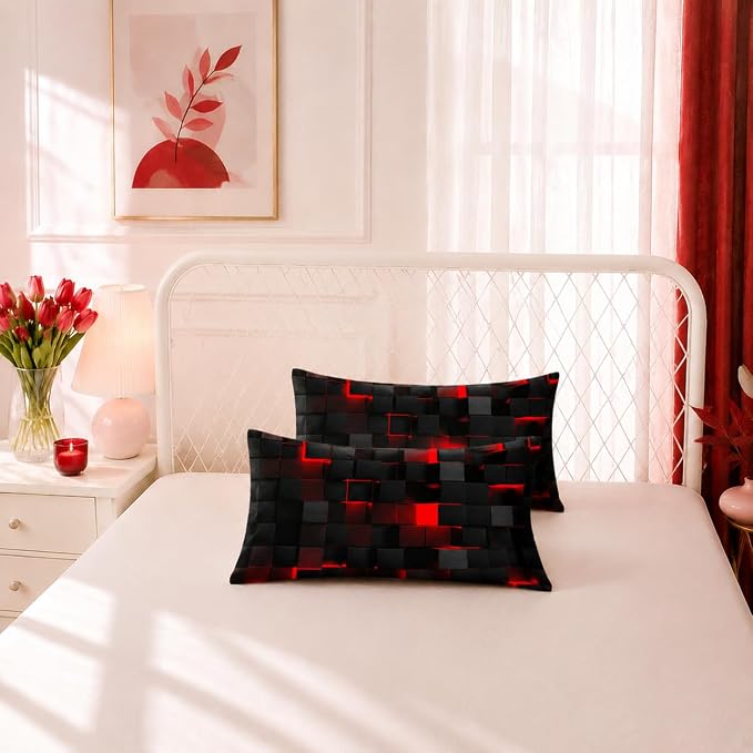 Nttopship Geometric Red Black Comforter Set,Light Honeycomb 3 Piece Bedding Set Queen for Teen Boys,Modern Bedding Quilt Set Geometry Decor,Microfiber Lightweight 1 Comforter 2 Pillowcases All Season