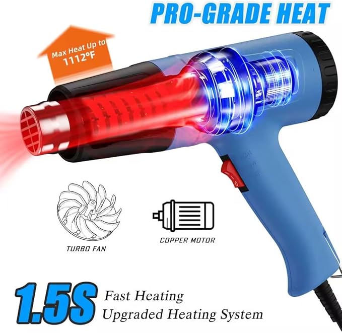 Heat Gun, 110V Adjustable Hot Air Gun with 4 Nozzles, Rear Rotating Temp Control, 50-650℃ (122-1202℉）Range, Overload Protection, 4.9FT Cord Portable Handheld Heat Gun' for Crafts, Shrink Wrap