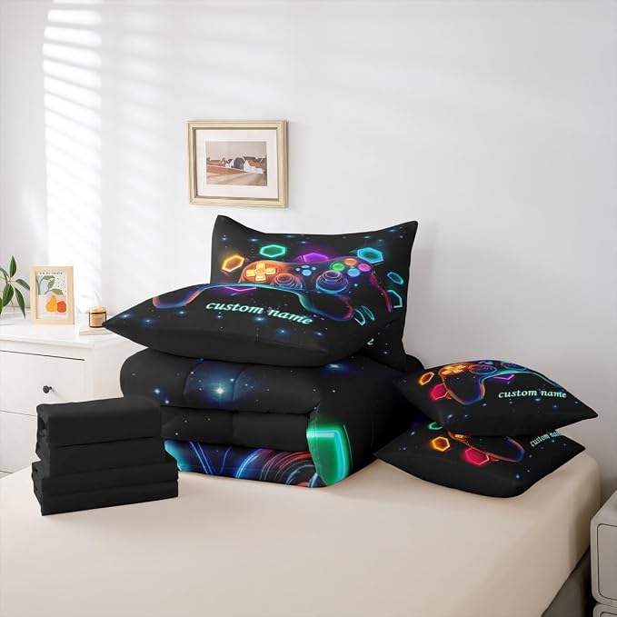 Customized Game Consoles Boys Twin Comforter Set for Boys Bed in a Bag 7 Piece Gamer Gifts,Personalized Gaming Twin Bedding Sets for Space Glow Geometric Kids Comforter Sets Boy,Gamer Decor