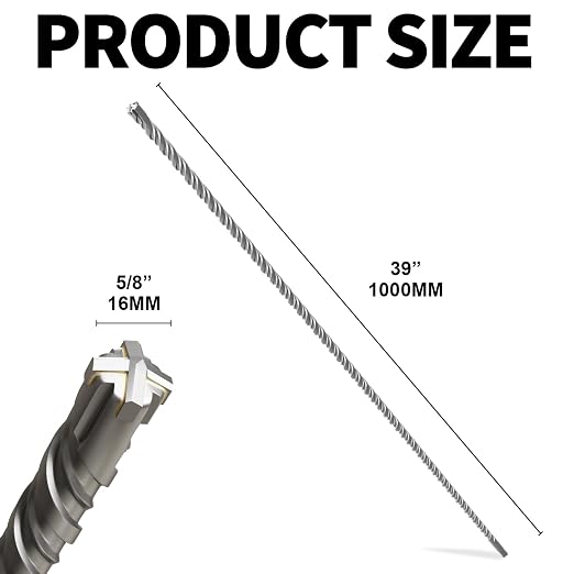 SDS Plus Rotary Hammer Drill Bits, (5/8"*39"-16mm*1000mm) - 4 Carbide Cutting Edges, Ideal for Masonry| Heavy-Duty Masonry |Hammer Drill Bits for Precision Drilling