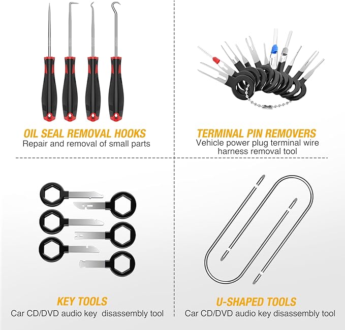 GOOACC 88Pcs Trim Removal Tool, Auto Push Pin Bumper Retainer Clip Set Fastener Terminal Remover Tool Adhesive Cable Clips Removal Kit Car Panel Radio Removal Auto Clip Pliers, Black