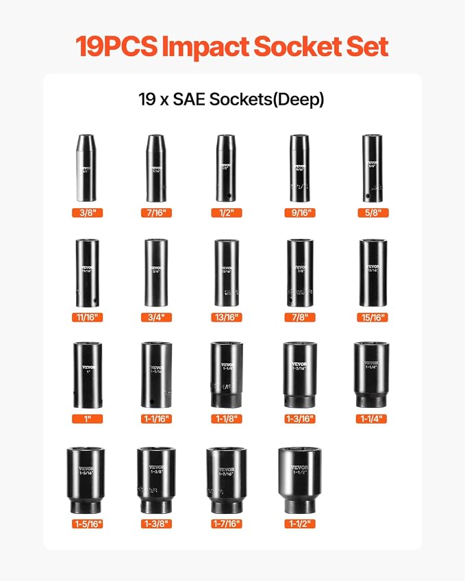 VEVOR Impact Socket Set 1/2 Inches 19 Piece, Deep Socket, 6-Point Sockets, Rugged Construction, Cr-V, 1/2 Inches Drive Socket Set Impact 3/8 inch - 1-1/2 inch, with a Storage Cage