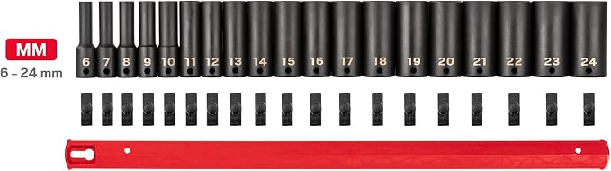 TEKTON 3/8 Inch Drive Impact Socket Set, 19-Piece | SID91107 | (6 - 24 mm), Deep, 6-Point, Socket Rail