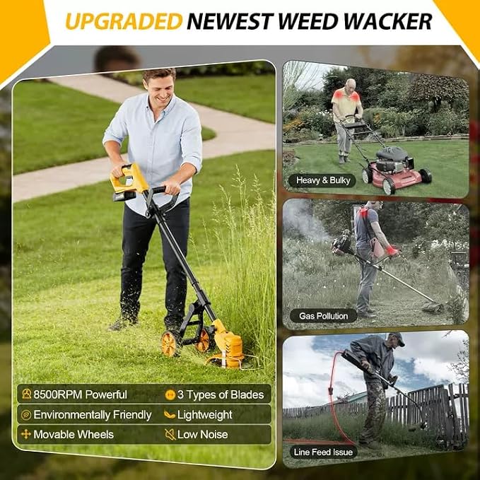 Electric Weed Wacker Cordless, Electric String Trimmer with 3 Types Blades & Removable Auxiliary Wheels, Brush Cutter & Grass Trimmer & Lawn Edger with for Garden Yard (YellowB)