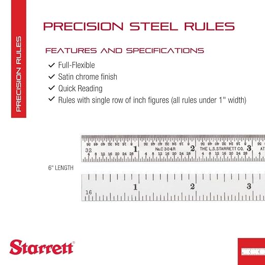 Starrett Full Flexible Steel Rule with Satin Chrome Finish, Quick Reading, and Inch Graduation - 4R Graduation, 6" Length, 1/64" Thickness - C304R-6