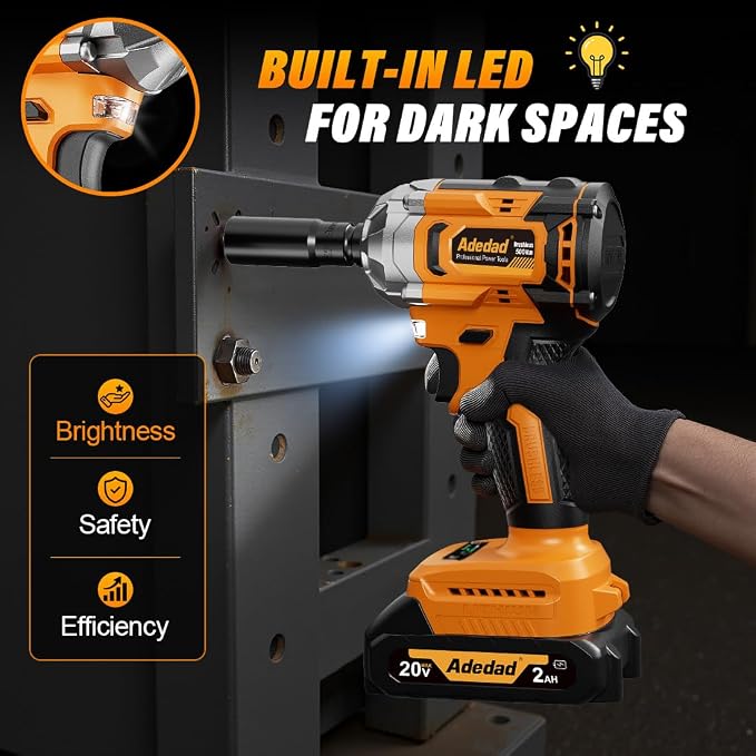Brushless Impact Wrench 3-in-1 500N.m(369Ft-lbs) Torque Wrench 1/2 Drive with 2x2.0Ah Batteries, 8 Drill Bits, 6 Screwdriver Bits, 4 Sockets, Cordless Impact Gun for automotive Repair and DIY
