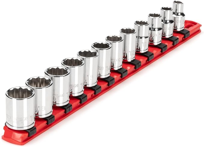 TEKTON 3/8 Inch Drive 12-Point Socket Set, 12-Piece | SHD91104 | (8 - 19 mm), Shallow, Socket Rail