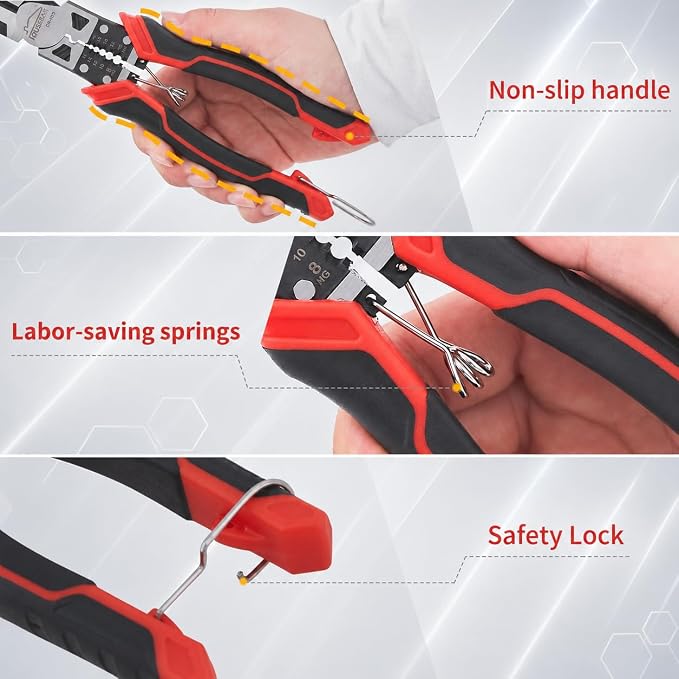 Linemans Pliers, 8.3 Inch Combination Pliers, | with Wire Stripper and Crimper, Spring Loaded with Safety Lock, 5-in-1 Linesman Pliers for Cutting, Crimping, Stripping