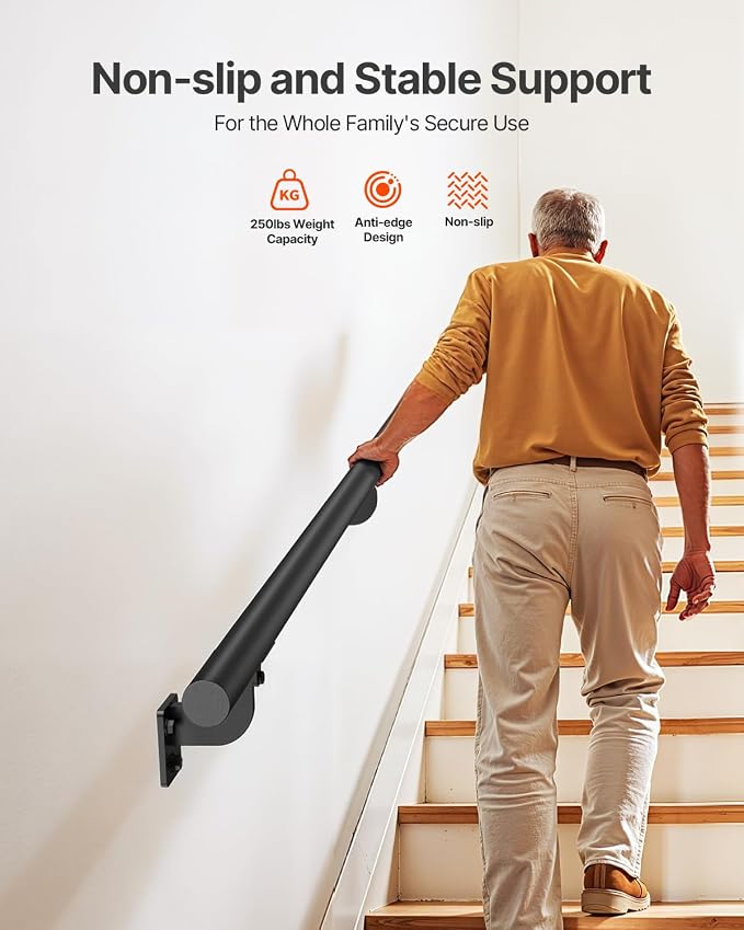 VEVOR Wall Mounted Stair Handrail, 10ft Pipe Staircase Handrail, Black Galvanized Aluminum, 1.26 inch Pipe Diameter, Indoor&Outdoor Staircase Railing,Industrial Hand Rail for Steps,Security Baluster
