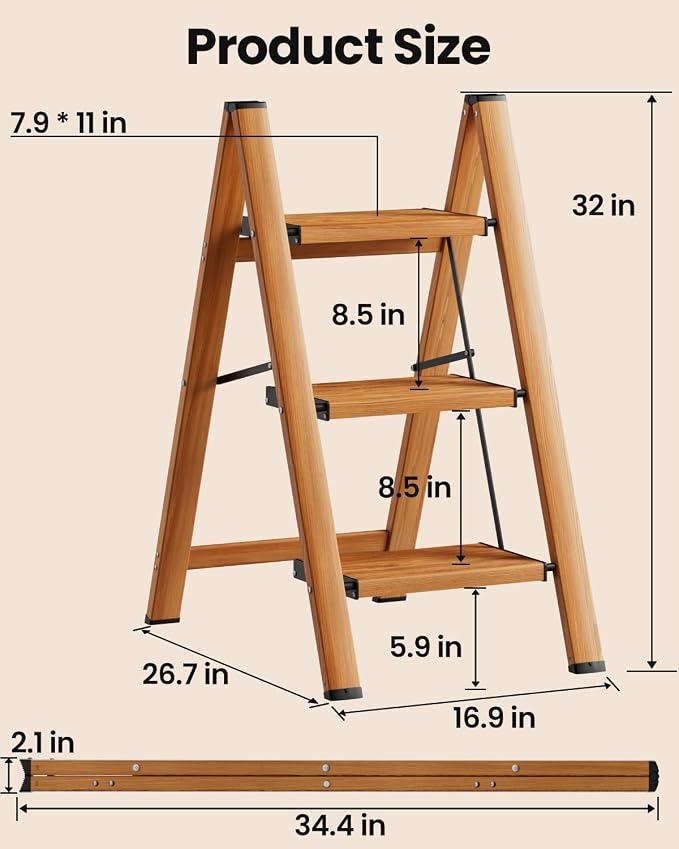 SOLADDER 3 Step Ladder, Folding Aluminum 3 Step Stool with Anti-Slip Wide Sturdy Pedal, Multi-Use for Home and Kitchen Use, Space Saving-Woodgrain(300 lbs Capacity)