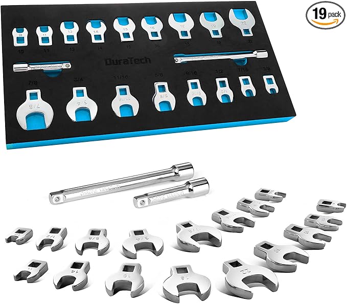 DURATECH 3/8" Drive Crowfoot Wrench Set with 2 Extension Bars, SAE & Metric, 19-Piece, 10-22mm & 3/8"-7/8", CR-V Steel, with EVA Foam Tool Organizer