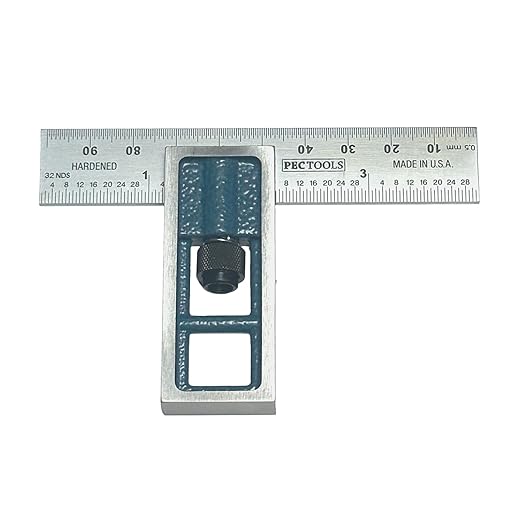 PEC Precision Double Square - 4 Inch Adjustable Machinist Square, Hardened Tempered Steel Blade, Satin Chrome Finish, Graduations 1/32,1/64", 0.5mm,1mm, Made in USA
