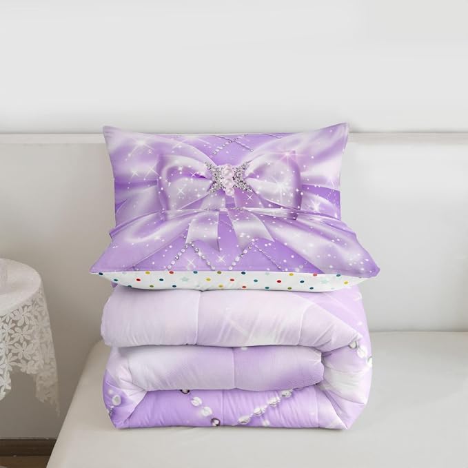Feelyou Purple Bow Kids Comforter Set King Size Geometry Bowknot Bedding Set Glitter Duvet Quilt for Kids Boys Girls Bedroom Decor Microfiber Ultra Soft Breathable