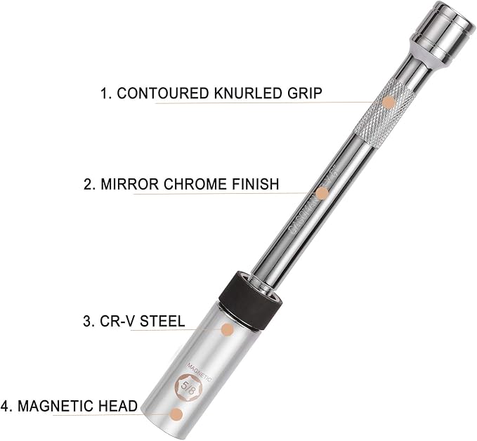 CASOMAN 5/8" Swivel Magnetic Spark Plug Socket, 3/8" Drive x 8-Inch Ext. Bar Length, 360 Degree Swivel, Enhanced Magnetic Design, 6 Point, Cr-V Steel