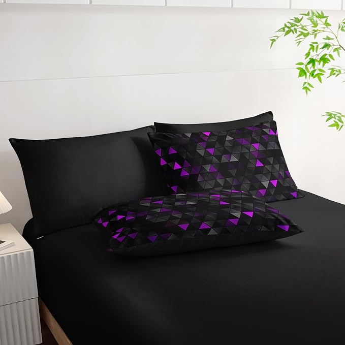 Nttopship Geometric Violet Black Triangle Full Size Comforter Set,Light Honeycomb Bedding Set 7 Piece in A Bag,Bed Sheet Set Geometry Decor,Microfiber Lightweight All Season