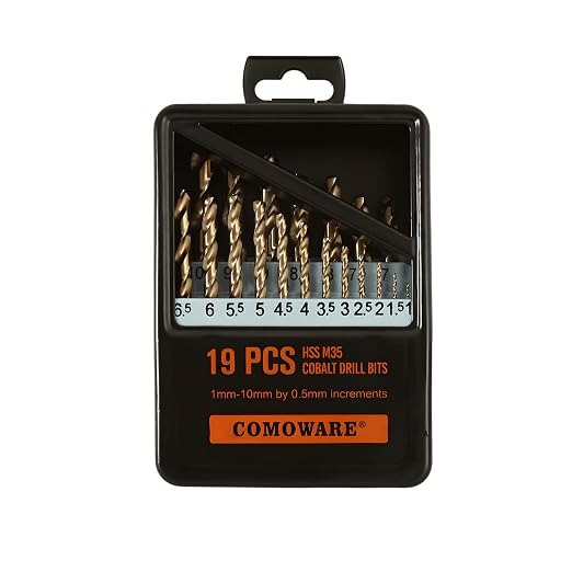 COMOWARE Metal Drill Bit Set, 19 Pieces, HSS-E M35 1-10 mm Drill Bit Set, Spiral Drill Bit Set, Professional for Metal, Steel, Iron, Self-Centring for Metalworking Drill Accessories
