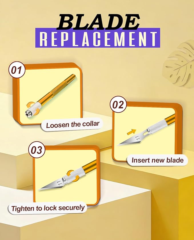 DIYSELF Craft Knife with 10 Extra #11 Blades, Precision Hobby Knife Set with Steel Ruler, Exacto Knife for Crafting, Polymer Clay, Pottery, Paper, Vinyl, Stencil & Model Making (Gold)