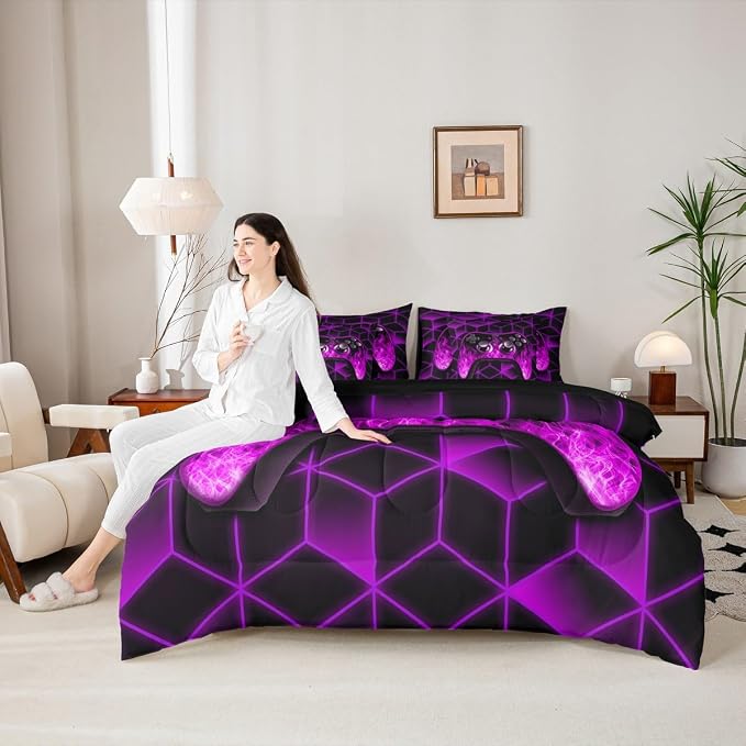 Gaming Consoles Comforter Set 7 Piece Bed in a Bag Twin,Neon Geometric Boys Bedding Set,3D Geometric Gamer Comforter and Sheet Set Purple Flame Bed Set,Gamer Decor for Boys Bedroom Decor
