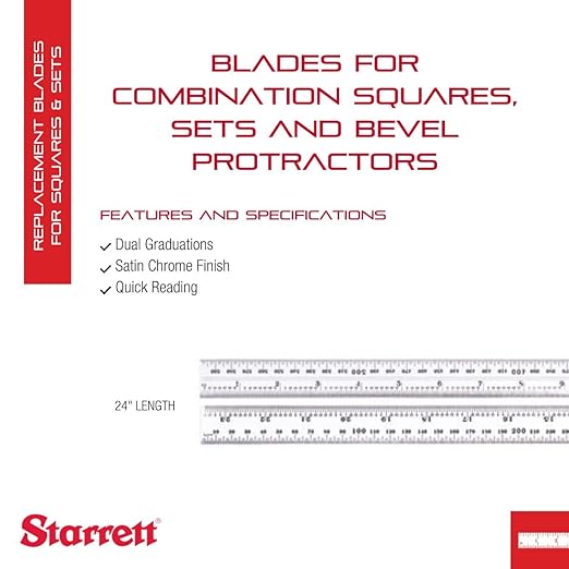 Starrett Blade Only for Combination Squares, Sets or Bevel Protractors - Ideal for Woodworking and Metalworking - 600mm Length, Satin Chrome Finish, 36 Graduation - CB600-36