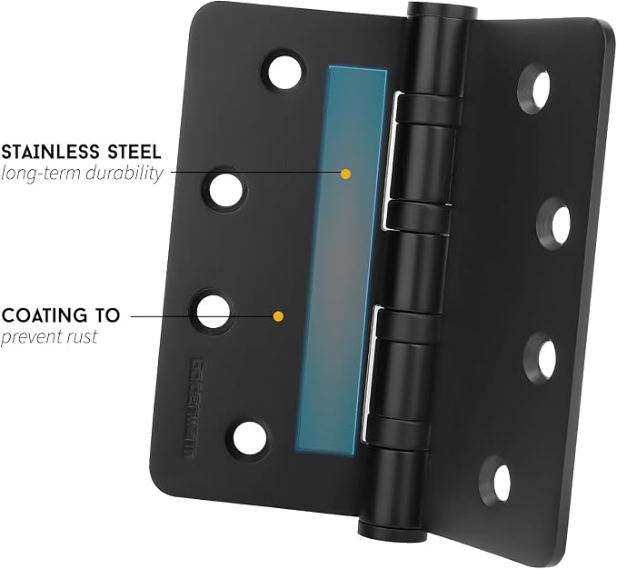 goldenwarm 6 Pack 4'' Black Ball Bearing Door Hinges – Heavy Duty Stainless Steel Hinges for Interior & Exterior Doors, 1/4'' Radius Corners