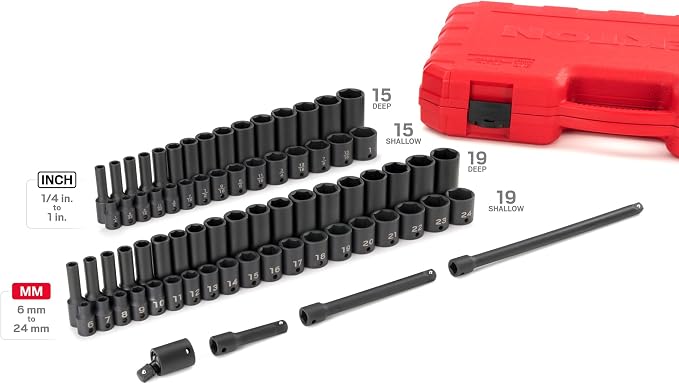 TEKTON 3/8 Inch Drive 6-Point Impact Socket Set, 72-Piece (1/4-1 in., 6-24 mm) | SID91404 | (1/4 - 1 in., 6 - 24 mm), Shallow and Deep, 6-Point, Case
