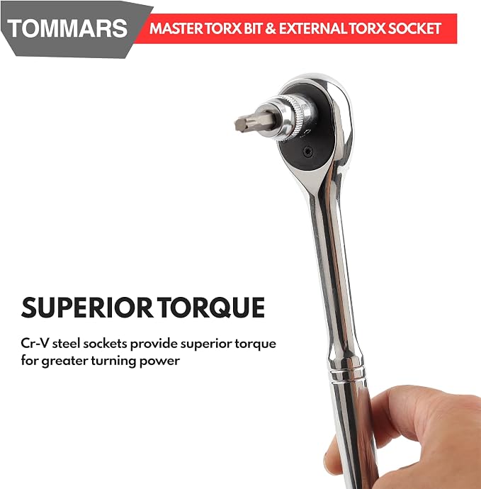 TOMMARS 60-Pc Master Torx Bit Socket & External Socket Set | 1/4", 3/8", 1/2" Drive, S2 Steel Bits, CRV Sockets, E4-E24, T6-T70, TT6-TT70, TP8-TP60