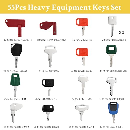 55 Heavy Equipment Keys Master Set, Construction Machine Ignition Key for Cat Caterpillar John Deere Komatsu Volvo Bobcat Kubota JCB Case New Holland Hitachi Hyster Yanmar Takeuchi