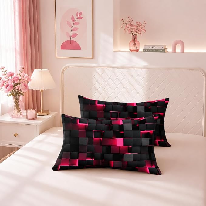 Nttopship Geometric Pink Black Comforter Set,Light Honeycomb 3 Piece Bedding Set Twin Size for Teen Boys,Modern Quilt Set Geometry Decor,Microfiber Lightweight 1 Comforter 2 Pillowcases All Season