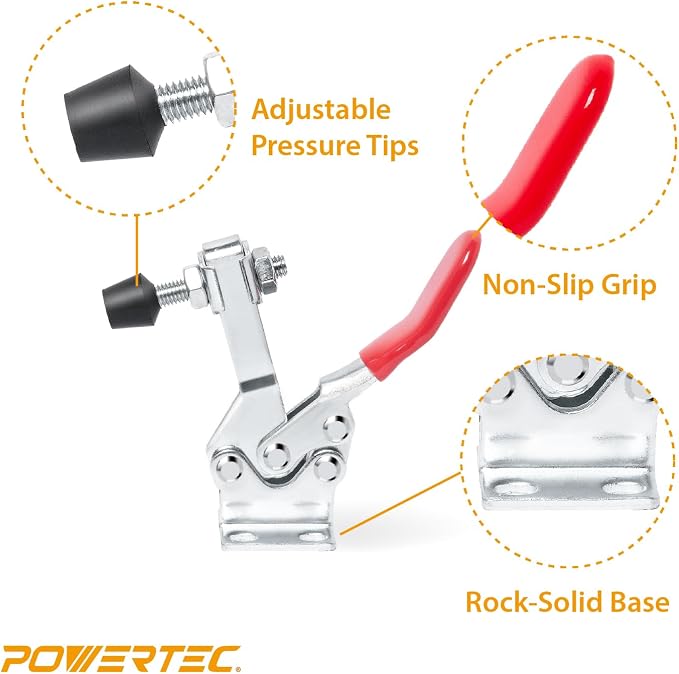 POWERTEC 1PK Toggle Clamp, 500 lbs Holding Capacity, 225D Quick Release Horizontal Clamps w/ Antislip Rubber Pressure Tip for Woodworking Jigs and Fixtures, Welding, Drill Press, Crosscut Sled (20301)