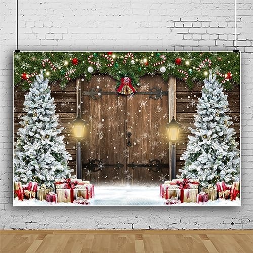 Christmas Backdrop 8x6ft Wooden Barn Door Rustic Christmas Background for Photography Xmas New Year Eve Party Decorations Banner Studio Photoshoot Props