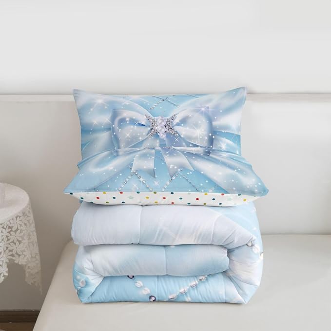 Feelyou Blue Bow Bedding Set Soft for Boys Girls, Glitter Bowknot Comforter Set Full Size Princess Duvet Quilt Microfiber Bedroom Decor 3 Pcs with 2 Pillow Cases